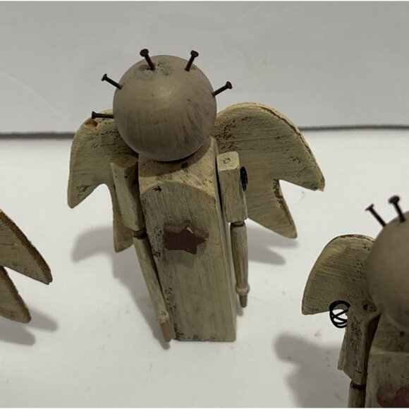 Handcrafted Wooden Angel Brown Figurines Set Of 6 Piece Rustic Finish Halos 4" - Picture 8 of 16